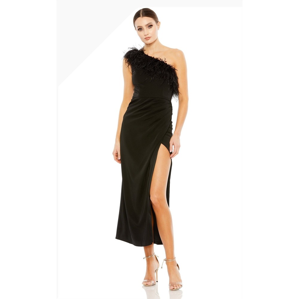Mac Duggal Black One Shoulder Feather Trim Gown High Slit Ruched‎ Formal Dress